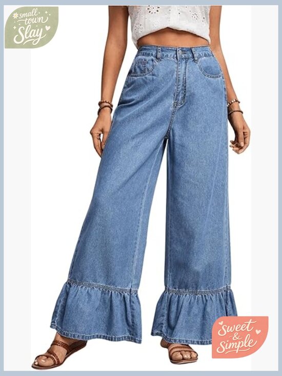 Denim - High Waist Wide Leg Ruffled Hem Baggy Jeans Denim Pants